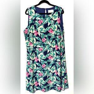 Pappagallo Floral Print Sheath Dress Navy 2X Resort Wear‎ Wrinkle-Free EUC